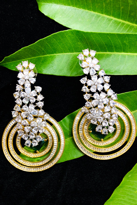 Designer American Diamond Dangler Earrings In Rhodium Finish With Green Stone (E763)