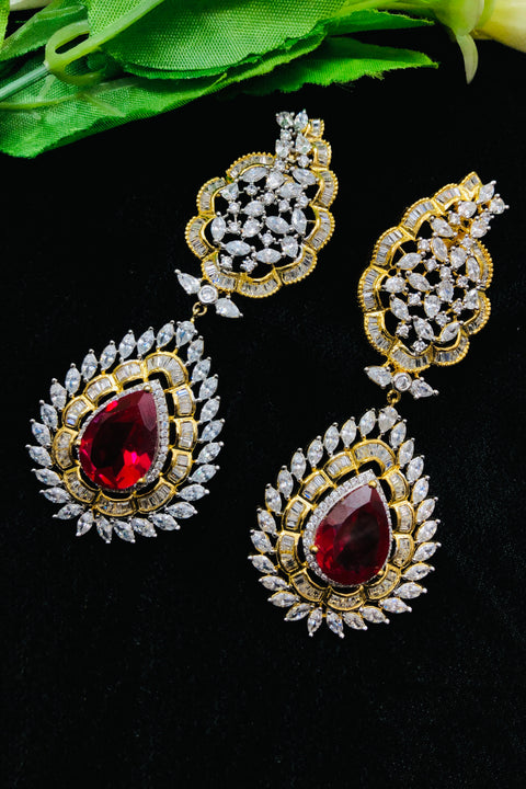 Red Color Stone American Diamond Contemporary Earrings (E765)