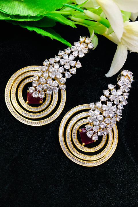 Designer American Diamond Dangler Earrings In Rhodium Finish With Red Stone (E766)