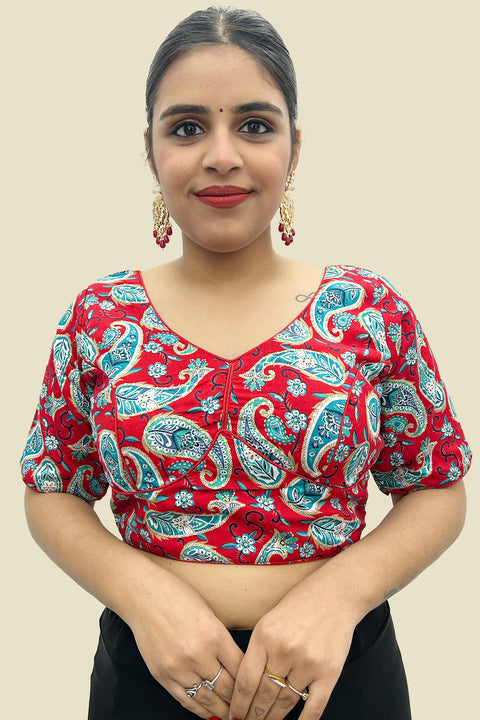 Red Color Readymade Heavy Rayon Cotton Kalamkari Printed Blouse For Casual & Party Wear For Women (D1680)