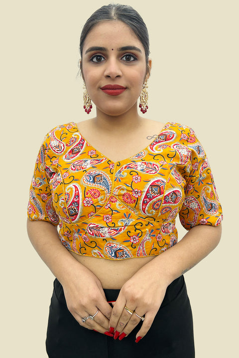 Yellow Color Readymade Heavy Rayon Cotton Kalamkari Printed Blouse For Casual & Party Wear For Women (D1678)