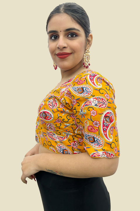 Yellow Color Readymade Heavy Rayon Cotton Kalamkari Printed Blouse For Casual & Party Wear For Women (D1678)