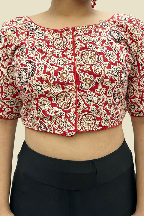 Red Color Readymade Cotton Kalamkari Printed Blouse For Casual & Party Wear For Women (D1677)