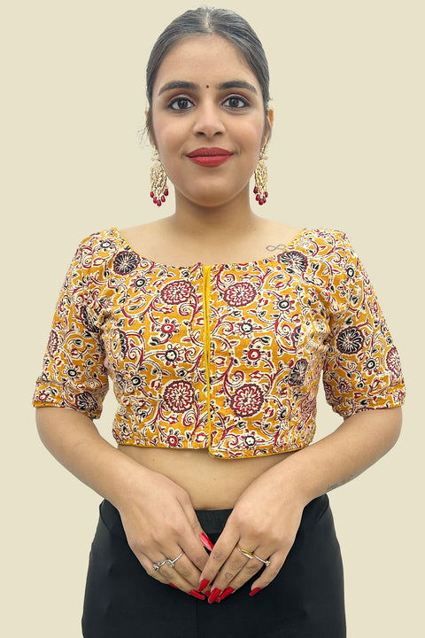 Yellow Color Readymade Cotton Kalamkari Printed Blouse For Casual & Party Wear For Women (D1675)
