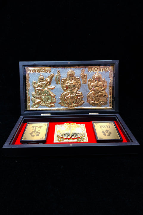 Gold Foil Laxmi Ganpati Saraswati with Charan Paduka with Acrylic Box Pack Of 1 Color Brown Devotional Prayer Box Footprint