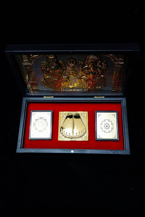 Gold Foil Shree Laxmi Ganeshaye Namha with Charan Paduka with Acrylic Box Pack Of 1 Color Brown Devotional Prayer Box Footprint