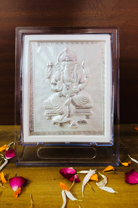Lord Ganesa Pure Silver Frame for Housewarming, Gift and Pooja 6.8 x 5 (Inches)