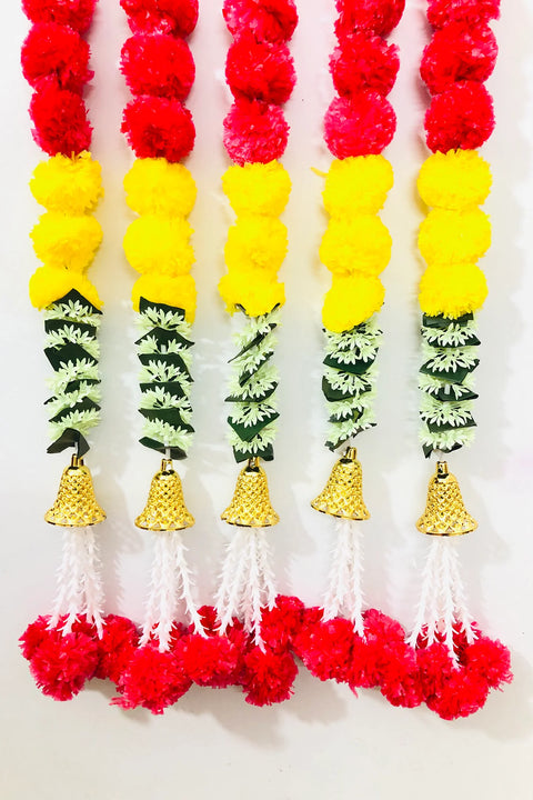 Super Value Pack - 5PCS artificial colorful marigold garlands (each strand is 5 feet long) For Home Decor Diwali Decoration