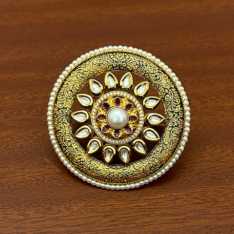 Designer Gold Plated Royal Kundan and Beaded Ring (D235)