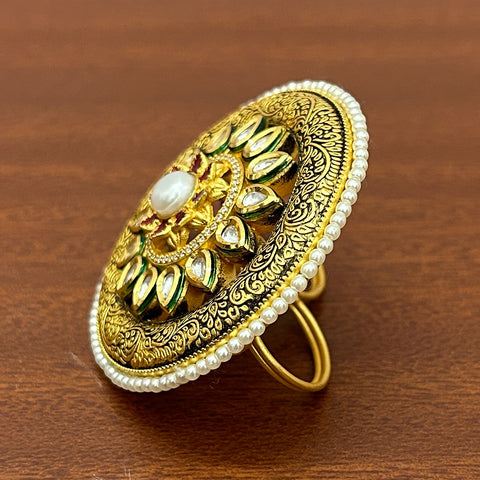 Designer Gold Plated Royal Kundan and Beaded Ring (D235)