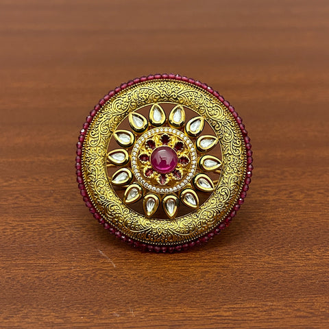 Designer Gold Plated Royal Kundan and Beaded Ring (D235)