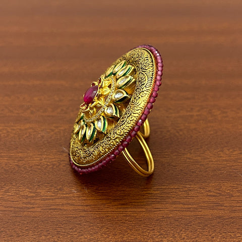 Designer Gold Plated Royal Kundan and Beaded Ring (D235)