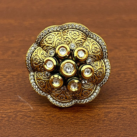 Designer Gold Plated Royal Kundan Beaded Ring (D238)