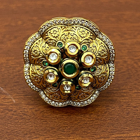 Designer Gold Plated Royal Kundan Beaded Ring (D238)