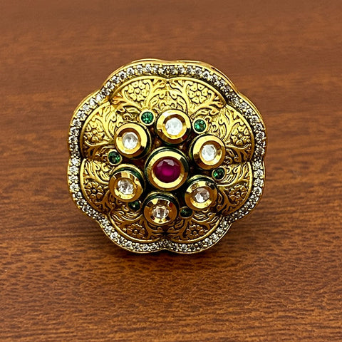 Designer Gold Plated Royal Kundan Beaded Ring (D238)