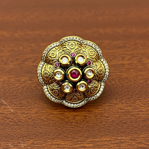 Designer Gold Plated Royal Kundan Beaded Ring (D238)