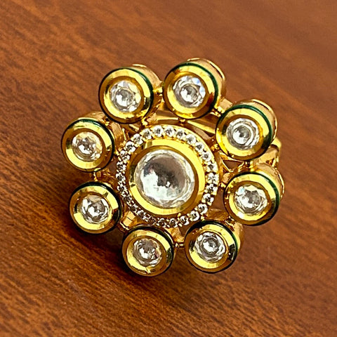 Designer Gold Plated Royal Kundan Beaded Ring (D239)