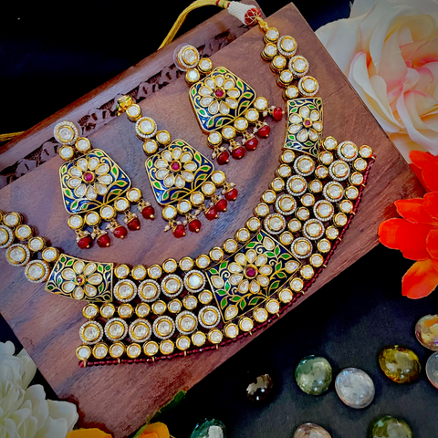 Designer Multi Layer Royal Kundan with Enamel Print Necklace with Earrings (D301)