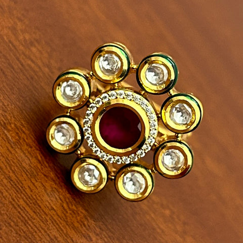 Designer Gold Plated Royal Kundan Beaded Ring (D239)