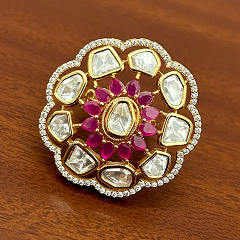 Designer Gold Plated Royal Kundan and Stone Ring (D240)