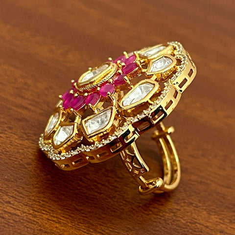 Designer Gold Plated Royal Kundan and Stone Ring (D240)