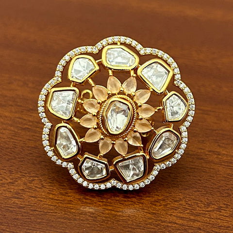 Designer Gold Plated Royal Kundan and Stone Ring (D240)