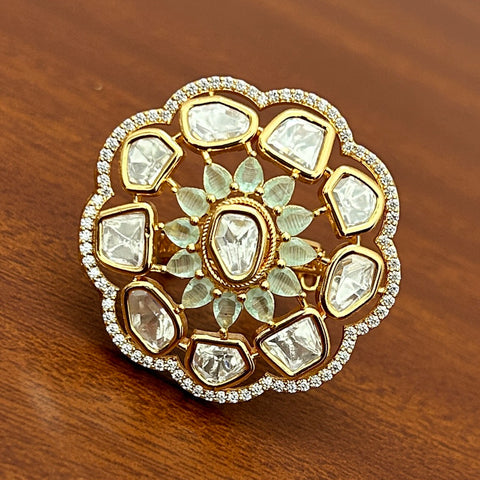 Designer Gold Plated Royal Kundan and Stone Ring (D240)