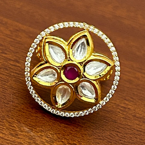 Designer Gold Plated Royal Kundan And Stone Beaded Ring (D241)