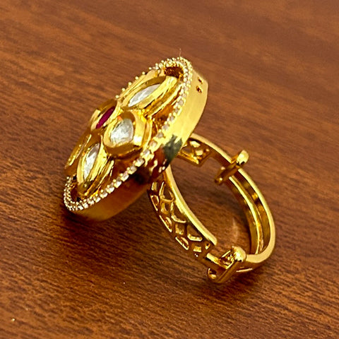 Designer Gold Plated Royal Kundan And Stone Beaded Ring (D241)