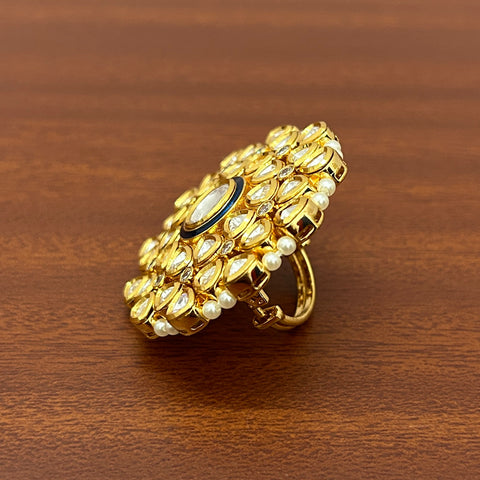 Designer Gold Plated Royal Kundan and Pearl Beaded Ring (D233)