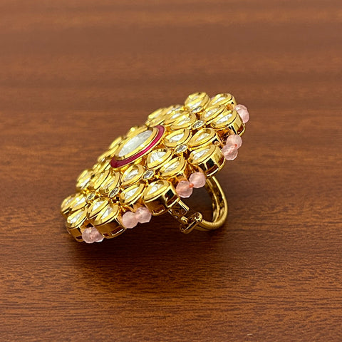 Designer Gold Plated Royal Kundan and Pearl Beaded Ring (D233)