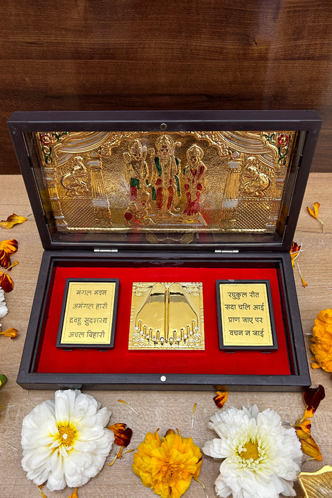 Gold Foil Jai Shree Ram with Charan Paduka with Shloka with Acrylic Box Pack Of 1 Color Brown Devotional Prayer Box Footprint