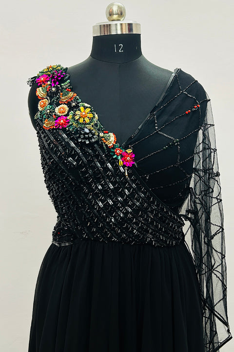 Designer Black Color Long Dress With Multicolor Crystal (D68)