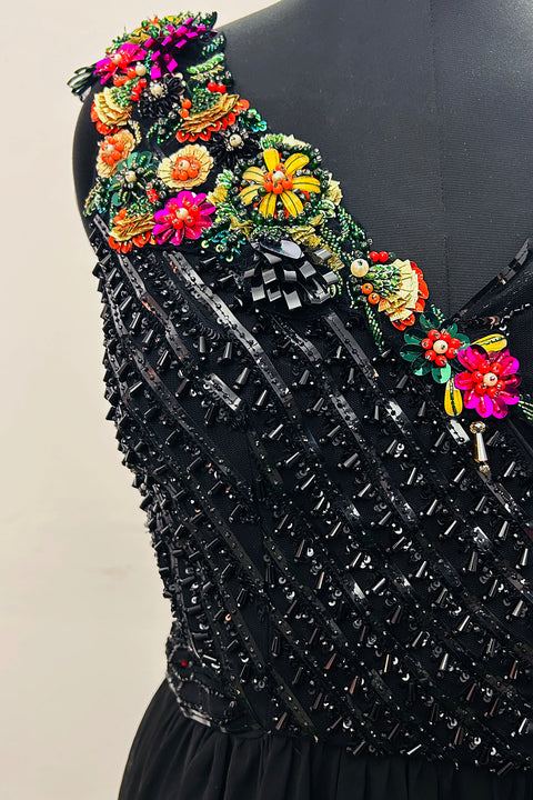 Designer Black Color Long Dress With Multicolor Crystal (D68)
