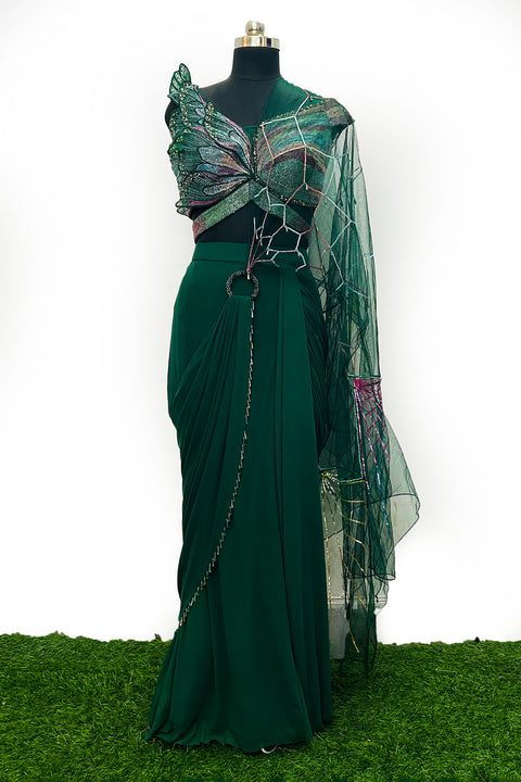 Designer Sea Green Color Indo Western Gown/ Drape Saree For Party Wear (D69)