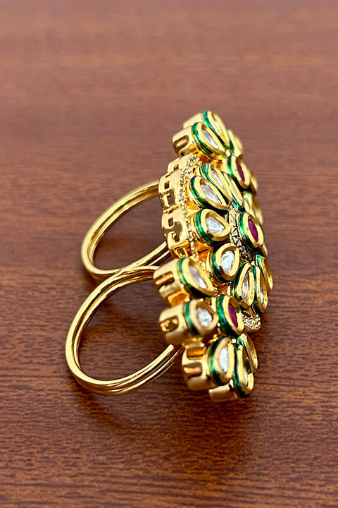 Designer Gold Plated Royal Kundan and Beaded Ring (D250)