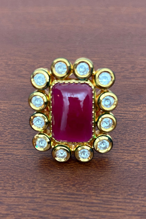 Designer Gold Plated Royal Kundan and Beaded Ring (D249)