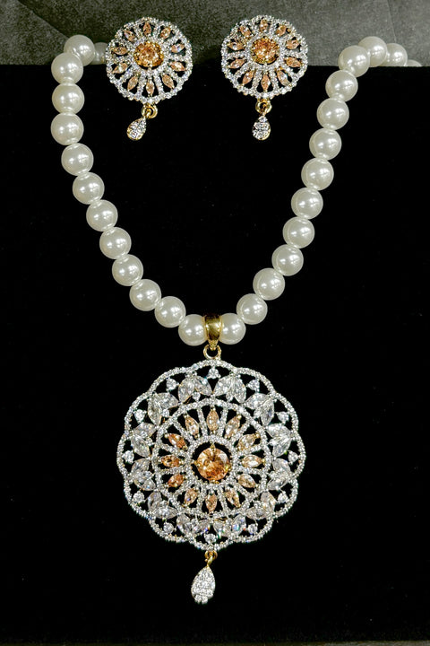 Pearl American Diamond Ruby Pendant Set (D975)