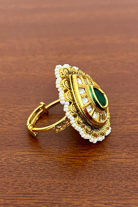 Designer Gold Plated Royal Kundan and Beaded Ring (D246)