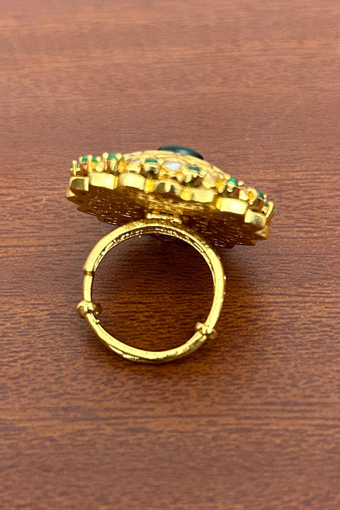 Designer Gold Plated Royal Kundan and Beaded Ring (D245)