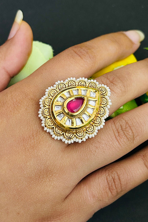 Designer Gold Plated Royal Kundan and Beaded Ring (D246)