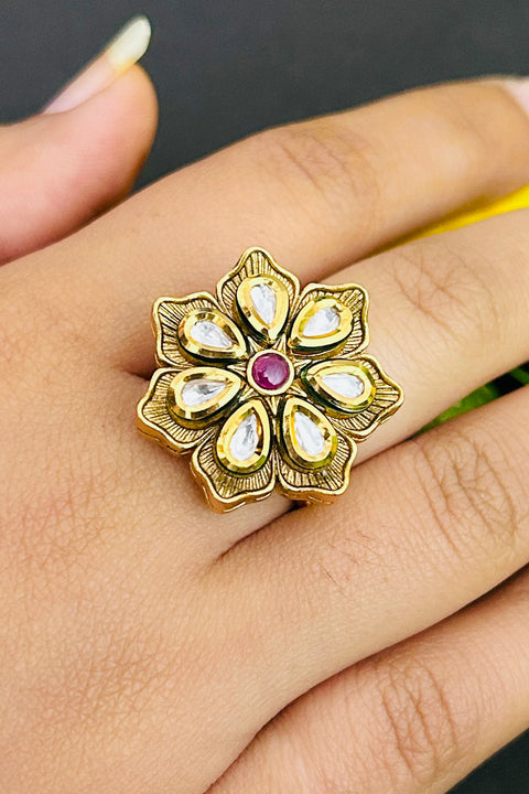 Designer Gold Plated Royal Kundan and Beaded Ring (D243)