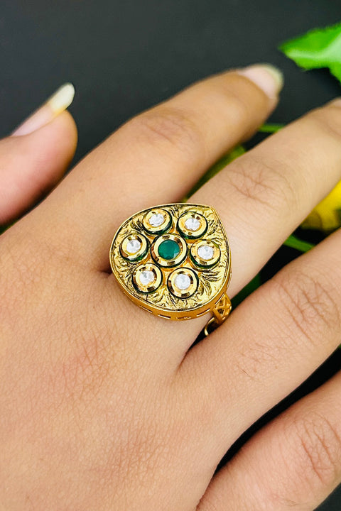 Designer Gold Plated Royal Kundan and Beaded Ring (D244)