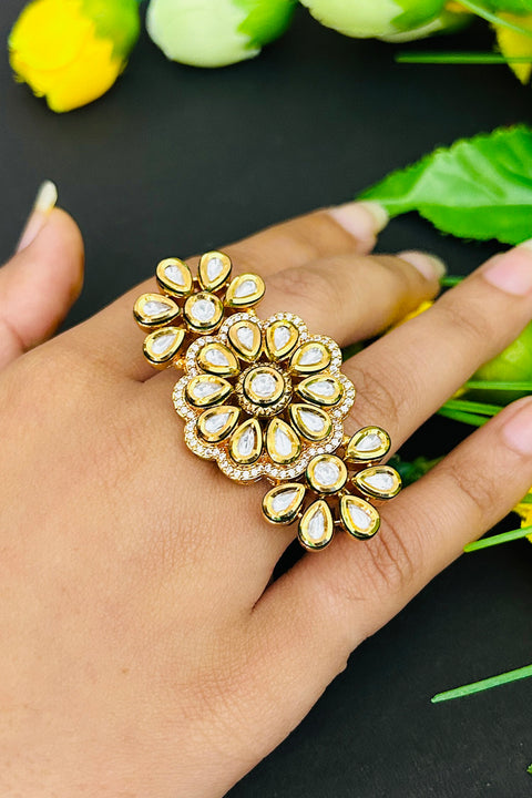 Designer Gold Plated Royal Kundan and Beaded Ring (D250)