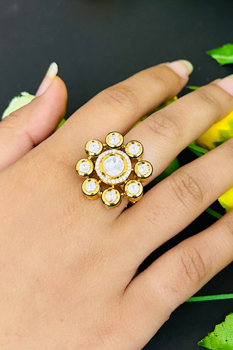 Designer Gold Plated Royal Kundan Beaded Ring (D239)