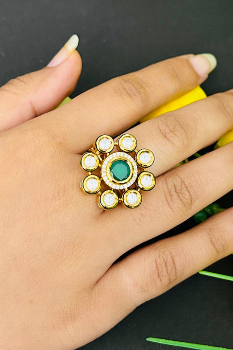 Designer Gold Plated Royal Kundan Beaded Ring (D239)