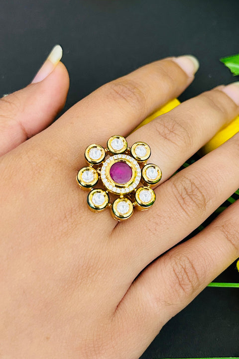 Designer Gold Plated Royal Kundan Beaded Ring (D239)