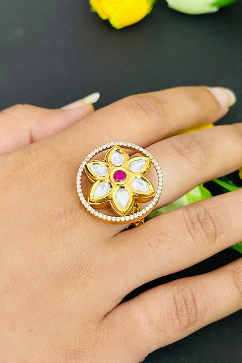 Designer Gold Plated Royal Kundan And Stone Beaded Ring (D241)