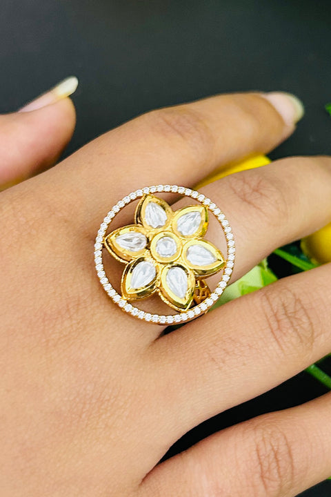 Designer Gold Plated Royal Kundan And Stone Beaded Ring (D241)