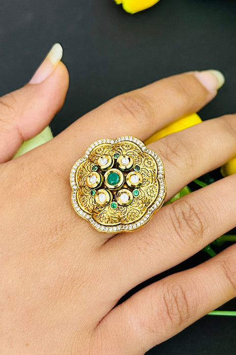 Designer Gold Plated Royal Kundan Beaded Ring (D238)